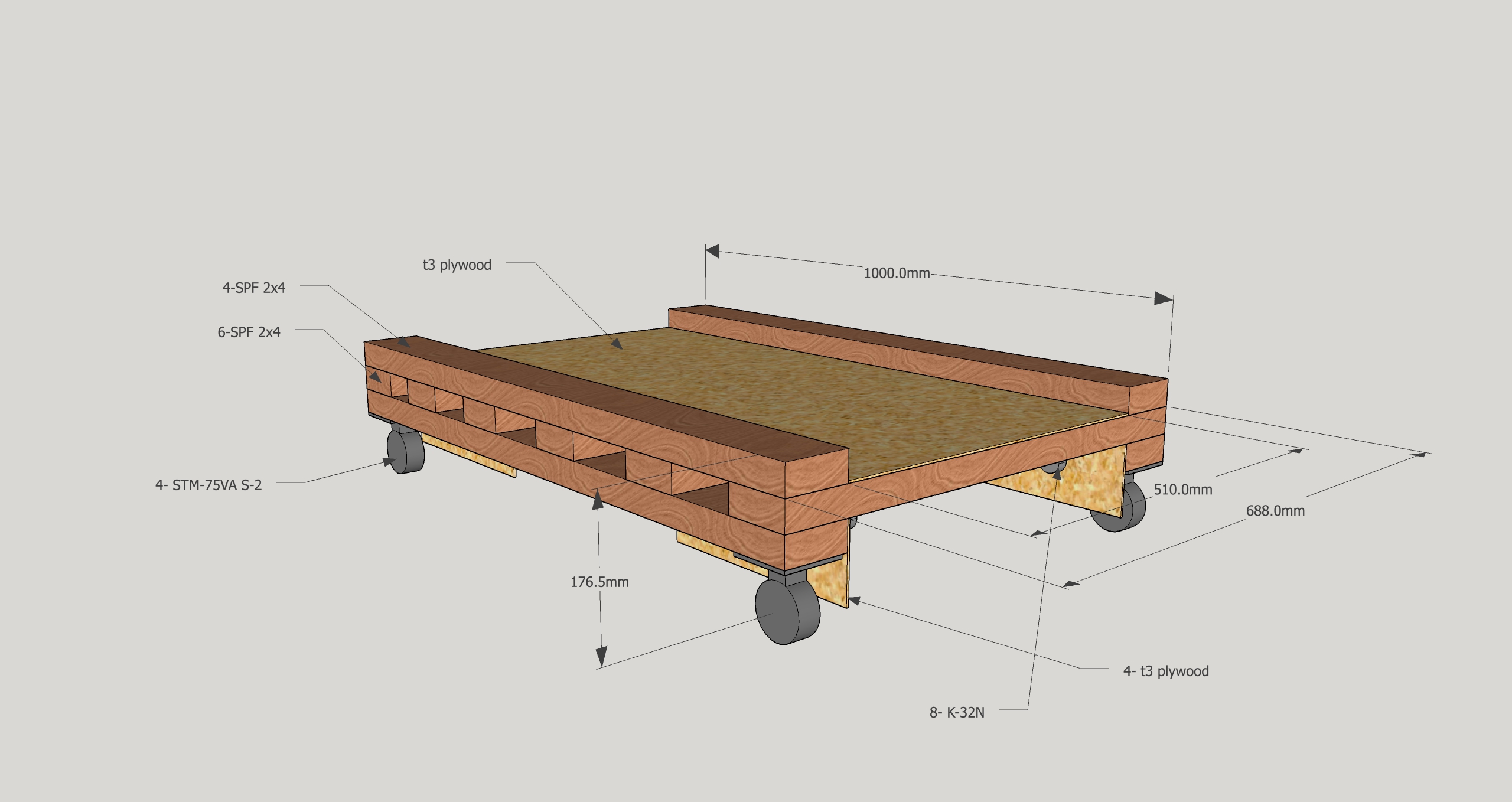 SketchUpモデル　木製パレット台車